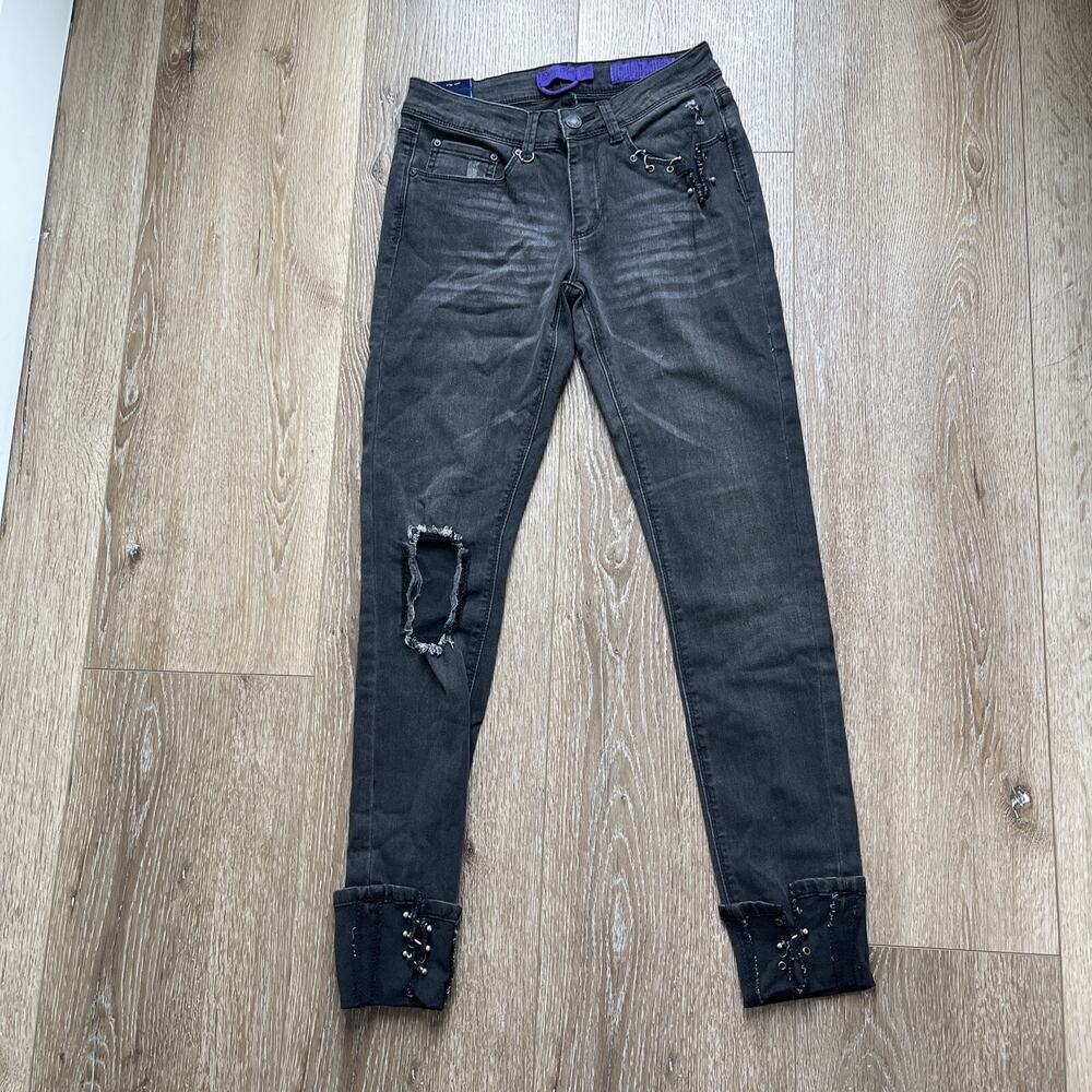 Indigo Rein Black Wash Distressed Raw Hem Straight Leg Denim Jeans Womens 5/26